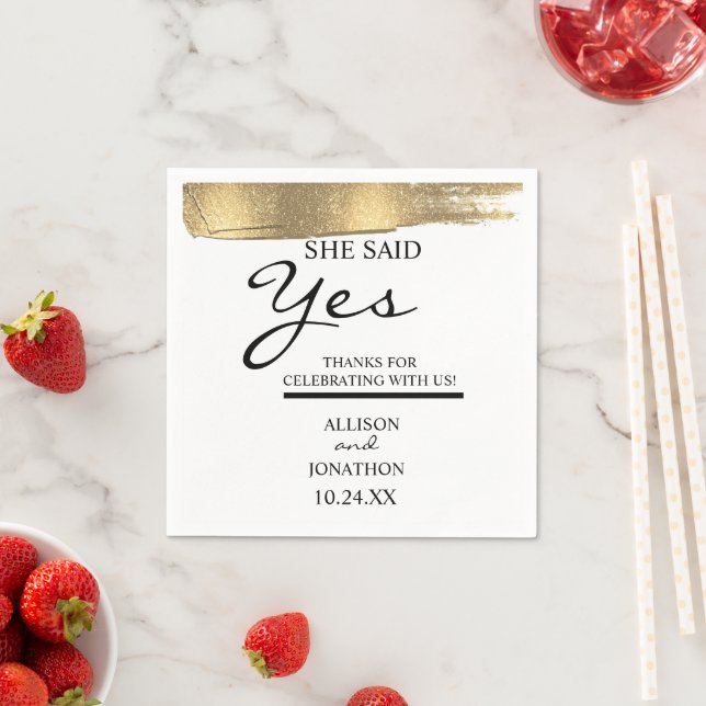 Add Name She Said Yes Gold Glitter Engagement Napkins (Insitu)