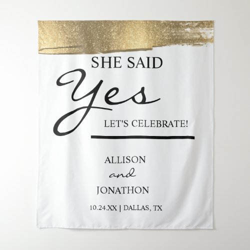 Add Name She Said Yes Gold Glitter Engagement  Tap Tapestry
