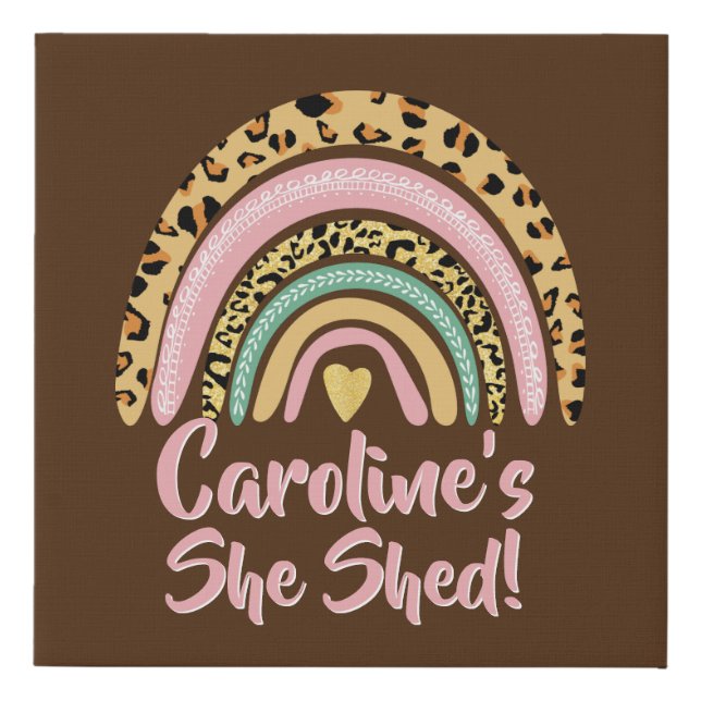 Add Name She Shed Leopard Print Pink Rainbow Heart (Front)