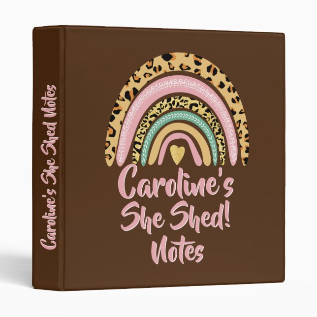 Add Name She Shed Leopard Print Pink Rainbow Heart 3 Ring Binder (Front/Spine)