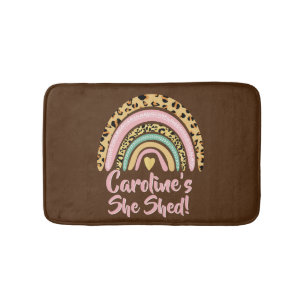 Add Name She Shed Leopard Print Pink Rainbow Heart Bath Mat