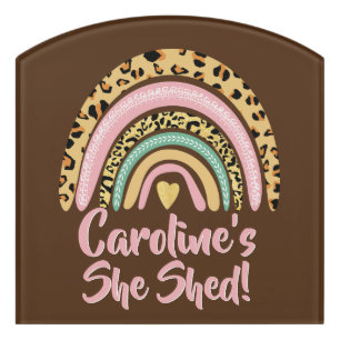Add Name She Shed Leopard Print Pink Rainbow Heart Door Sign