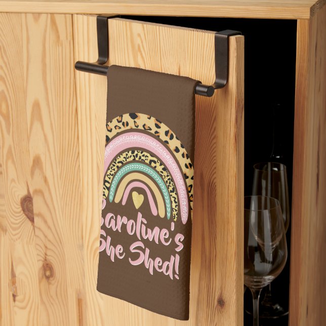 Add Name She Shed Leopard Print Pink Rainbow Heart Kitchen Towel (Thirds Fold)