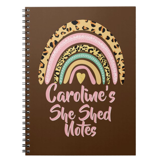 Add Name She Shed Leopard Print Pink Rainbow Heart Notebook (Front)