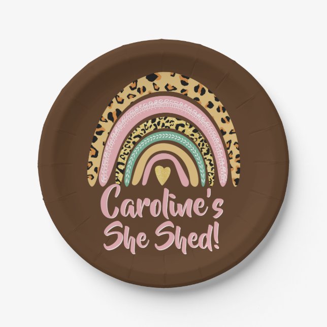 Add Name She Shed Leopard Print Pink Rainbow Heart Paper Plates (Front)