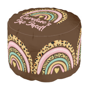 Add Name She Shed Leopard Print Pink Rainbow Heart Pouf