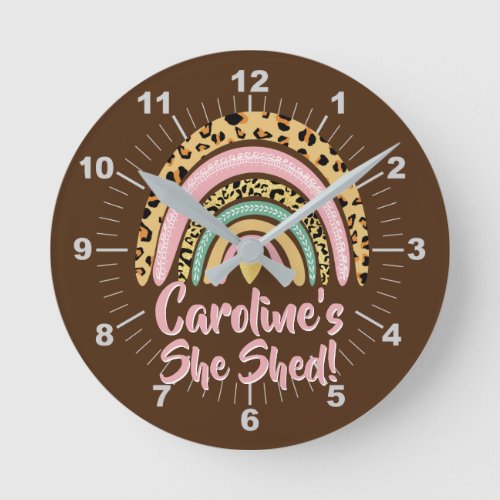 Add Name She Shed Leopard Print Pink Rainbow Heart Round Clock