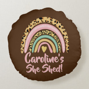 Add Name She Shed Leopard Print Pink Rainbow Heart Round Pillow