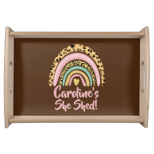 Add Name She Shed Leopard Print Pink Rainbow Heart Serving Tray