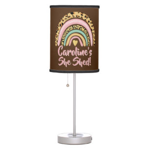 Add Name She Shed Leopard Print Pink Rainbow Heart Table Lamp