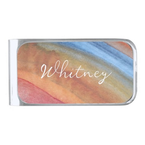 Add Name Simple Abstract Brown and Blue Watercolor Silver Finish Money Clip
