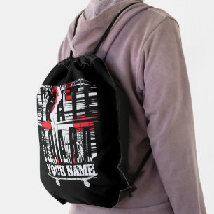 Add Name Skateboard Distressed White on Black Drawstring Bag