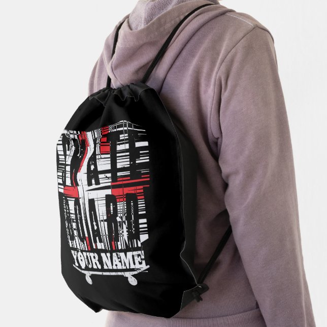 Add Name Skateboard Distressed White on Black   Drawstring Bag (Insitu)