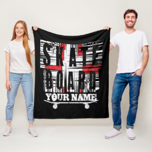 Add Name Skateboard Distressed White on Black Fle Fleece Blanket