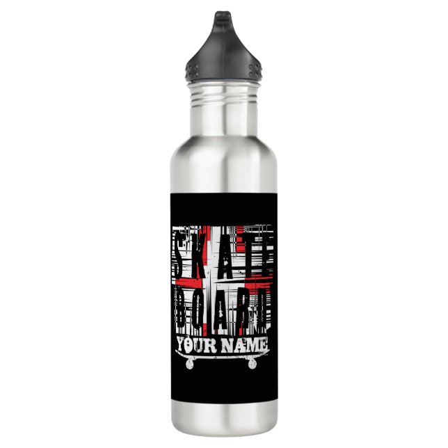 Add Name Skateboard Distressed White on Black  Stainless Steel Water Bottle (Right)