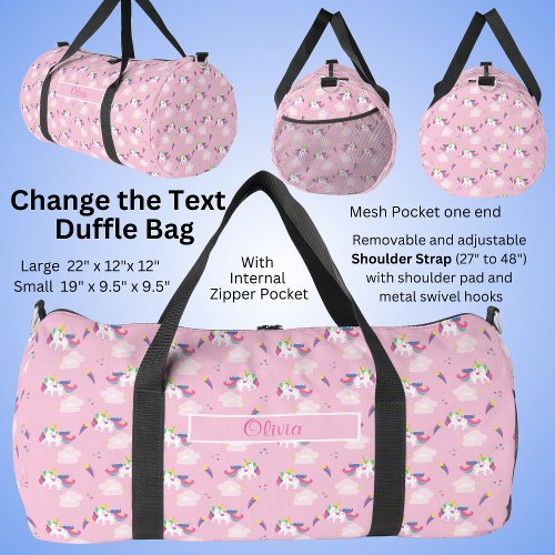 Add Name Soft Pretty Pink Unicorn  Duffle Bag