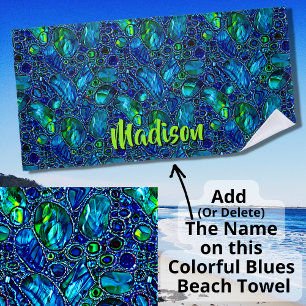 Add Name, Sparkling Glass and Iridescent Blues Beach Towel