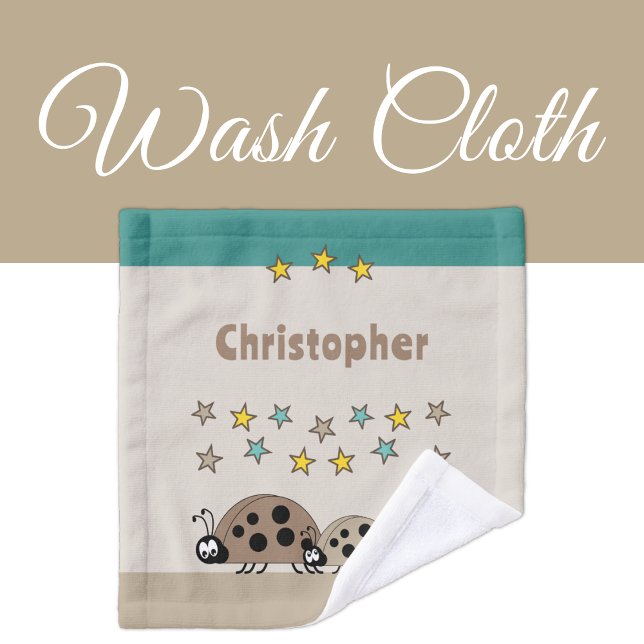 Add name stars ladybugs brown turquoise kids wash cloth (Creator Uploaded)