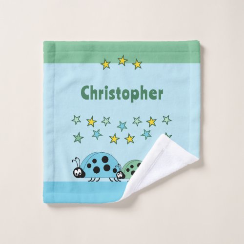 Add name stars ladybugs green blue kids wash cloth