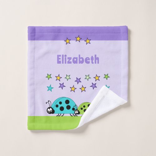 Add name stars ladybugs purple green kids wash cloth