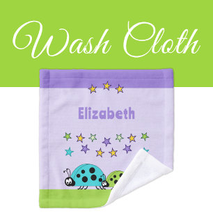 Add name stars ladybugs purple green kids wash cloth