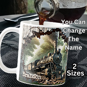 Add Name, Steam Train Breaking Out of Mug