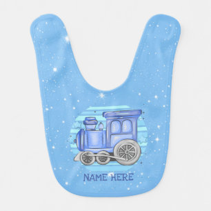Add Name Steam Train Engine  Baby Blue             Bib