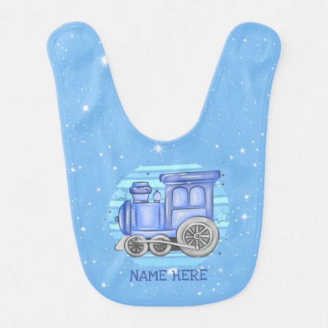 Add Name Steam Train Engine  Baby Blue             Bib (Front)
