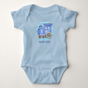Add Name Steam Train Engine Baby Blue Bodysuit