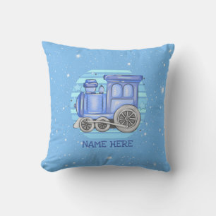 Add Name Steam Train Engine  Baby Blue             Throw Pillow