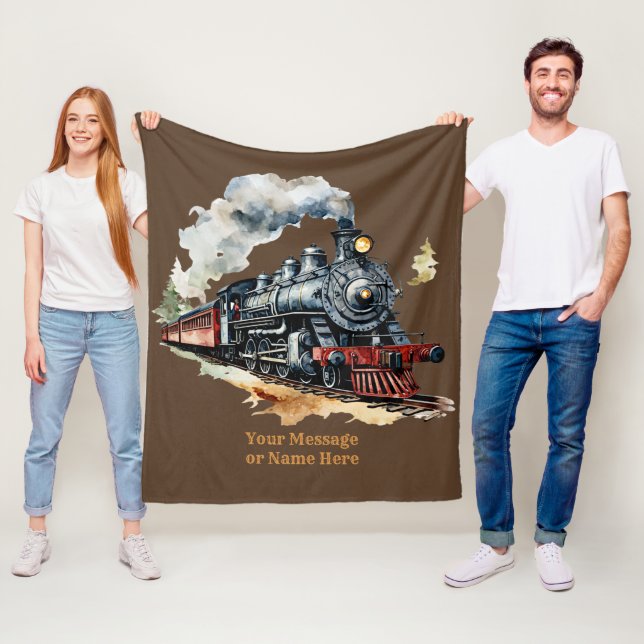 Add Name Steam Train Engine Fantasy Painting Fleece Blanket (In Situ)