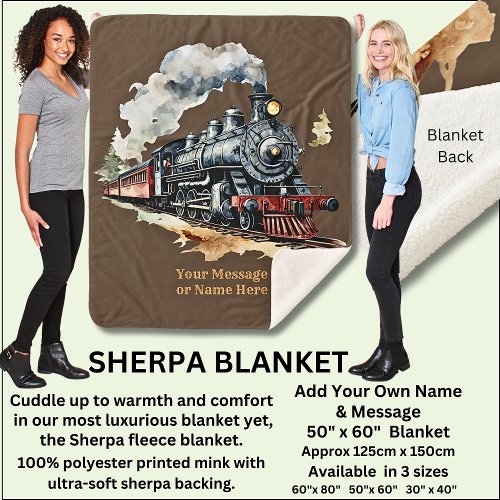 Add Name Steam Train Engine Fantasy Painting Sherpa Blanket
