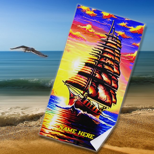 Add Name, Stylized Abstract Pirate Sailing Ship  Beach Towel (Creator Uploaded)