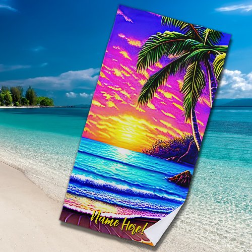 Add Name Stylized Beach Sunset with Palm Tree     Beach Towel