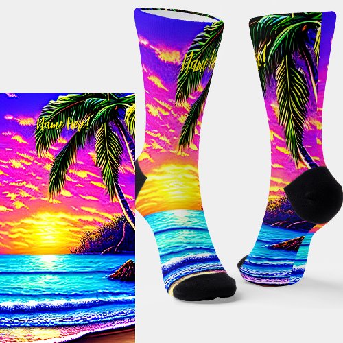 Add Name Stylized Beach Sunset with Palm Tree  Socks