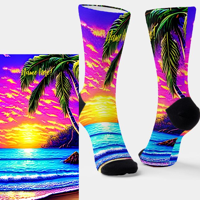 Add Name, Stylized Beach Sunset with Palm Tree  Socks (Creator Uploaded)