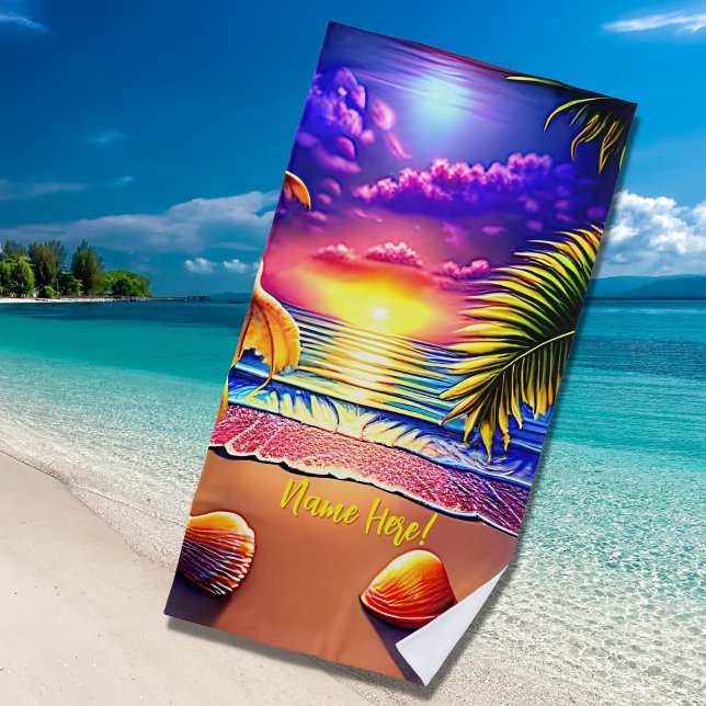 Add Name, Stylized Beach Sunset with Shells Beach Towel (Creator Uploaded)
