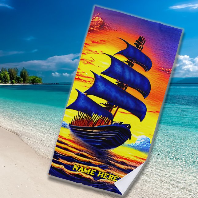 Add Name, Stylized Blue Pirate Sailing Ship Sunset Beach Towel (Creator Uploaded)