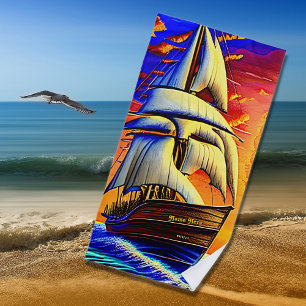 Add Name, Stylized Brown Pirate Sailing Ship Beach Towel