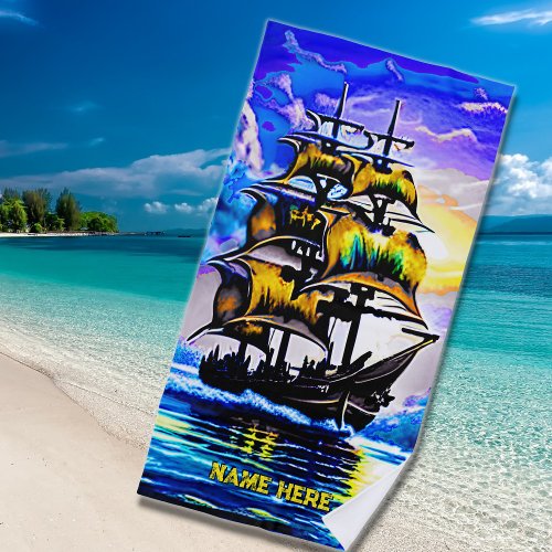 Add Name Stylized Brown Pirate Sailing Ship Blue  Beach Towel