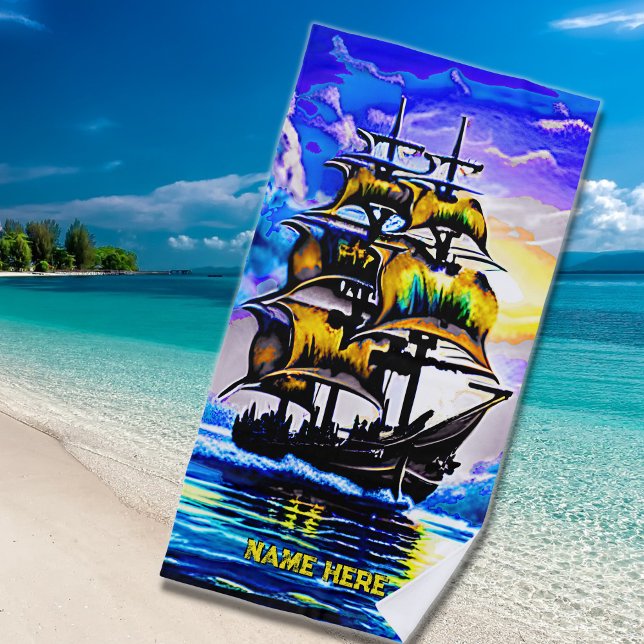 Add Name, Stylized Brown Pirate Sailing Ship Blue  Beach Towel (Creator Uploaded)