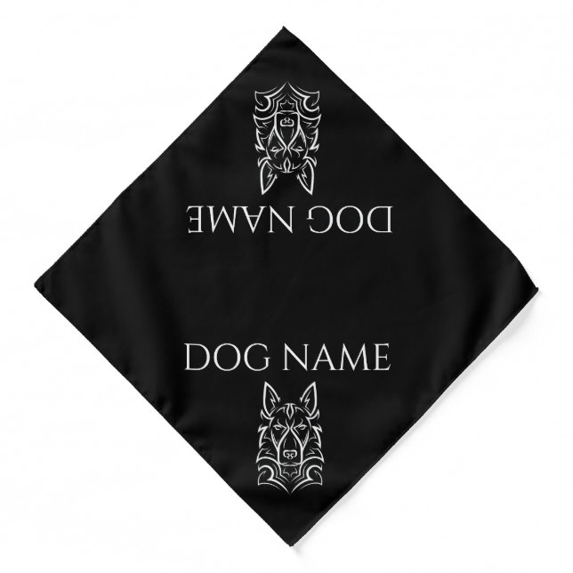 Add Name, Stylized German Shepherd, White on Black Bandana (Front)