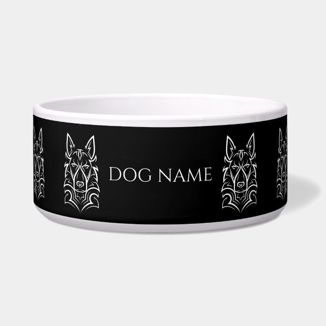 Add Name, Stylized German Shepherd, White on Black Bowl (Front)