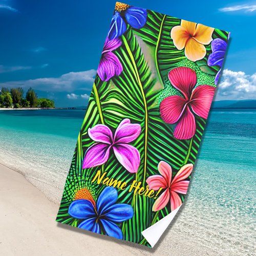 Add Name Stylized Tropical Flowers  Leaves Beach Towel