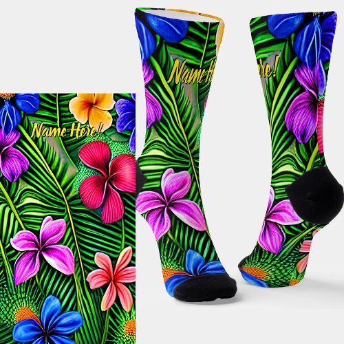 Add Name Stylized Tropical Flowers  Leaves Socks