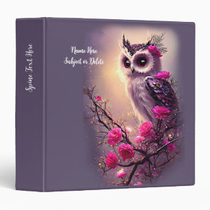 Add Name Subject, Purple Owl & Pink Flowers 3 Ring Binder