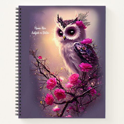 Add Name Subject Purple Owl  Pink Flowers Notebook