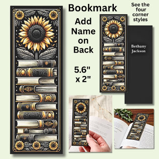 Add Name, Sunflowers & Books on Black Bookmarks