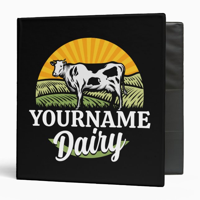 ADD NAME Sunset Dairy Farm Grazing Holstein Cow 3 Ring Binder (Front/Inside)