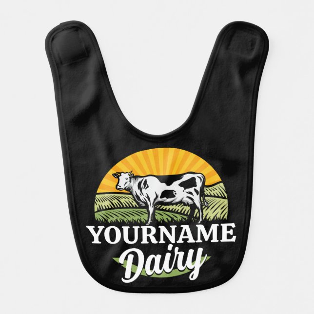 ADD NAME Sunset Dairy Farm Grazing Holstein Cow Baby Bib (Front)